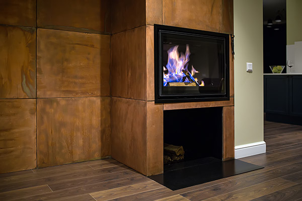 Black fireplace with glass door and burning firewood inside.